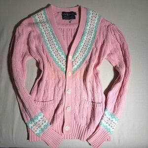 Vintage Ralph Lauren Pink Cottage Core Button Up Cable Knit Sweater Cardigan SM